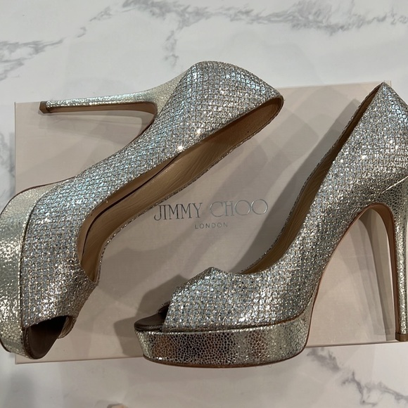 Jimmy CHOO 247 Crown Glitter fabric champagne platform 5in heels size 39.5 - Picture 1 of 17